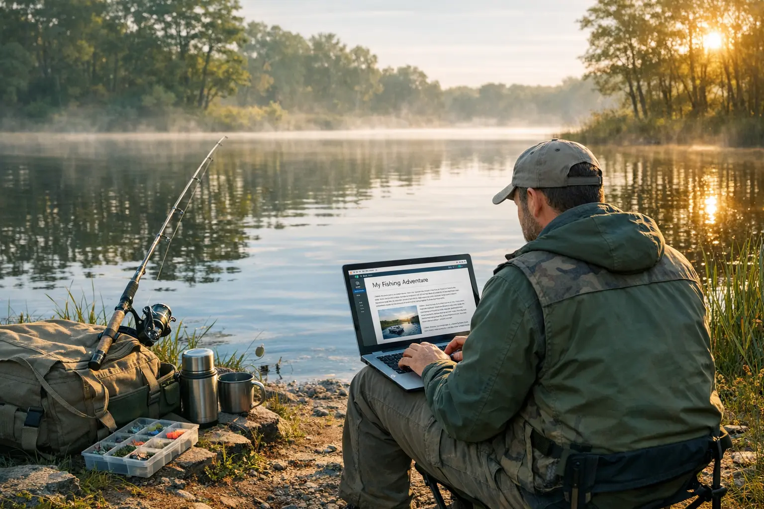 Angler schreibt Blog-Beitrag am Laptop am Gewässer