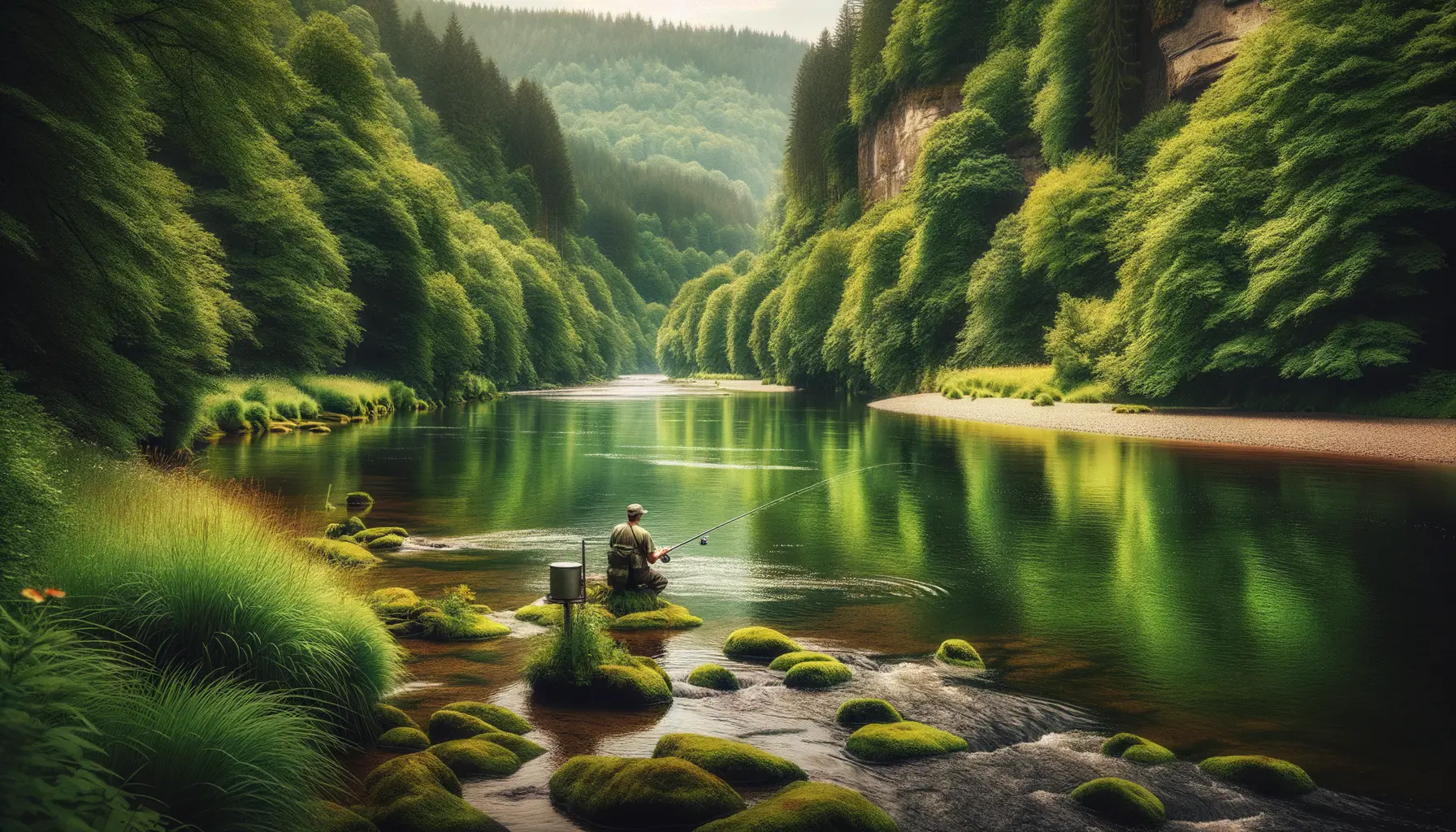 Angelplatz an einem deutschen Fluss mit natürlichem Ufer und Angler