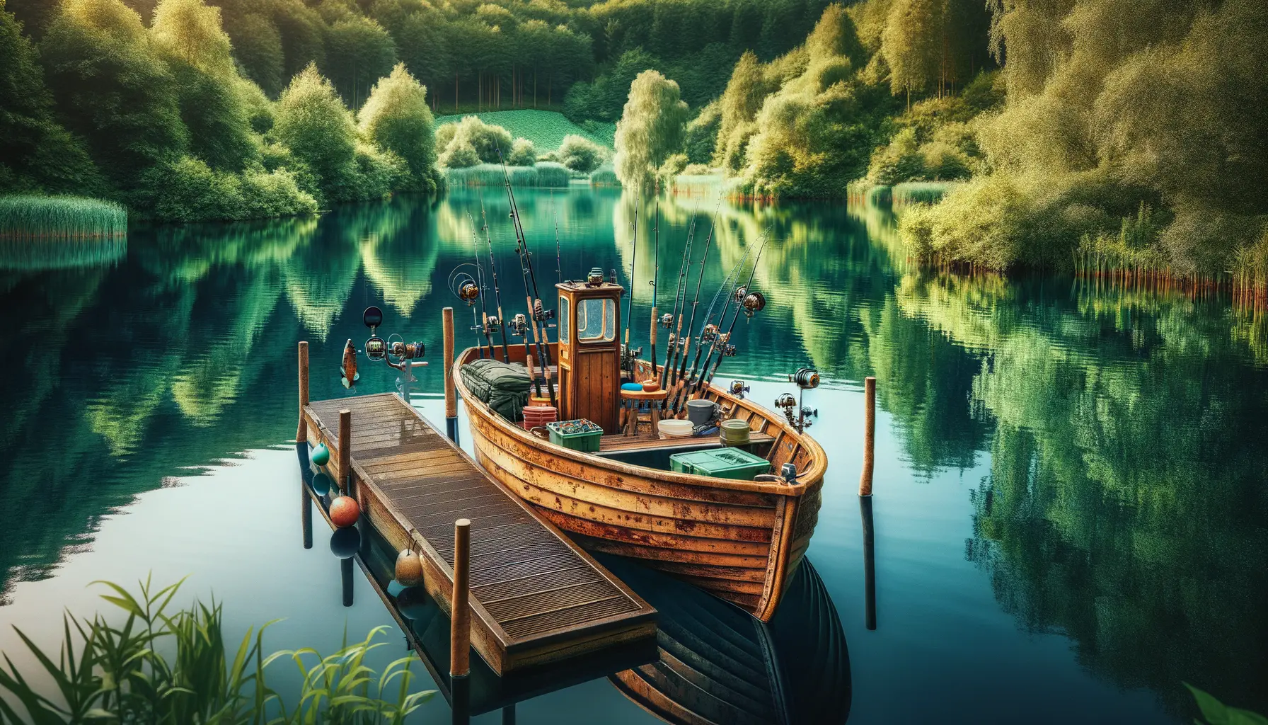Angelplatz an einem deutschen Stausee mit Boot und Angelausrüstung