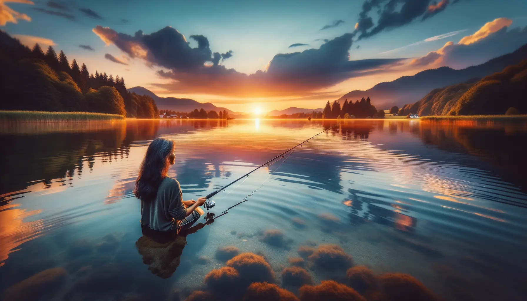 Angelplatz am See mit Angler bei Sonnenuntergang in Deutschland