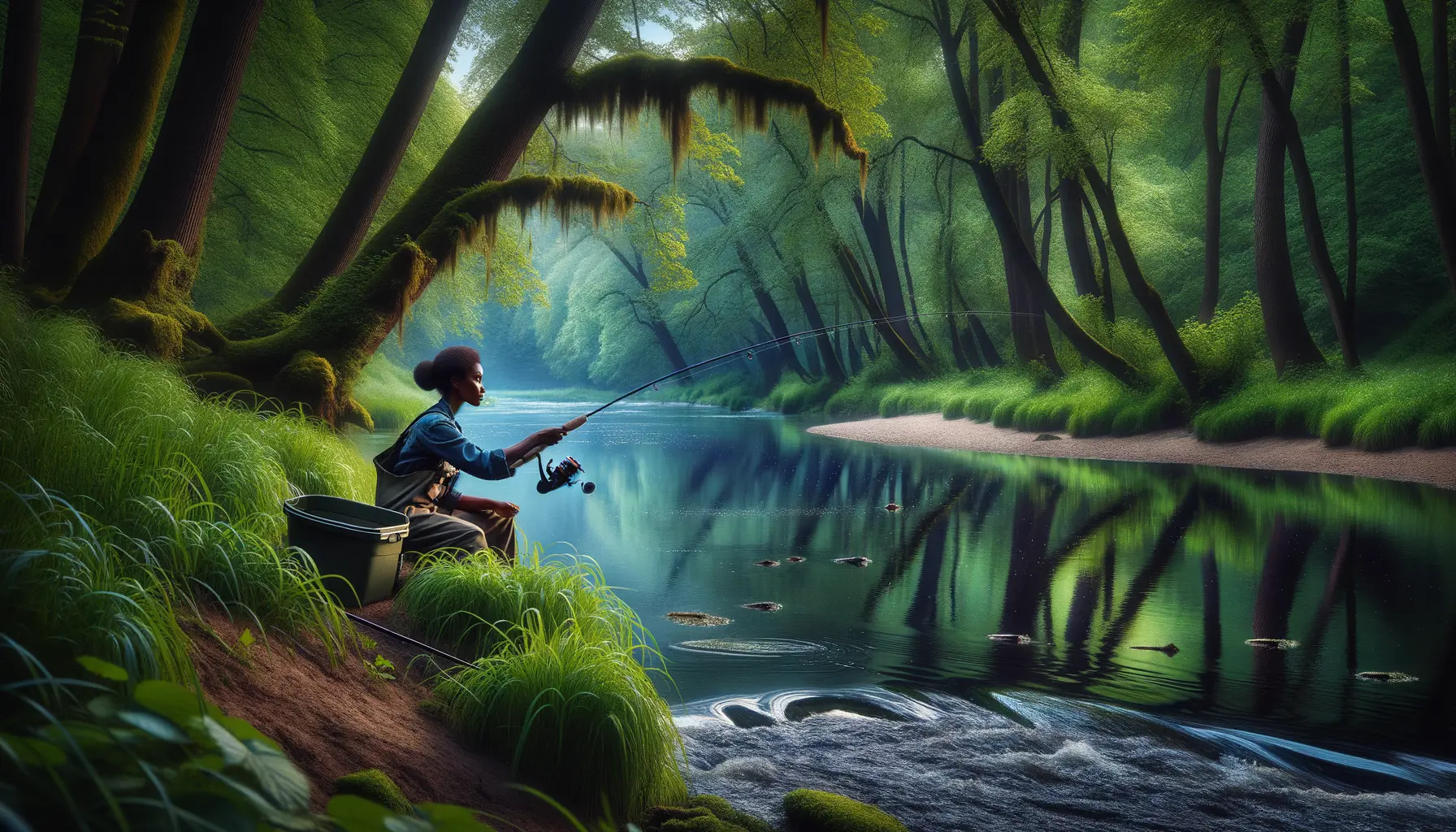 Feederrute am ruhigen Flussufer während des Angelns