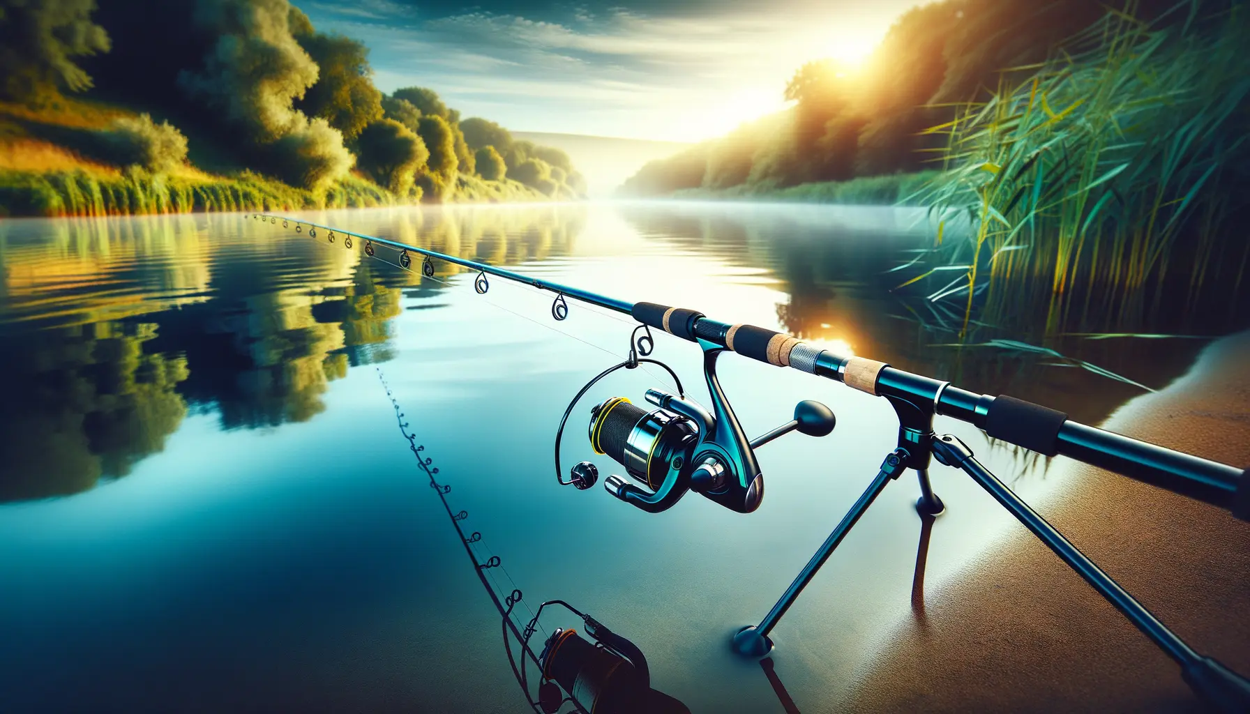 Moderne Feederrute mit Futterkorb am Wasser für erfolgreiches Feedern