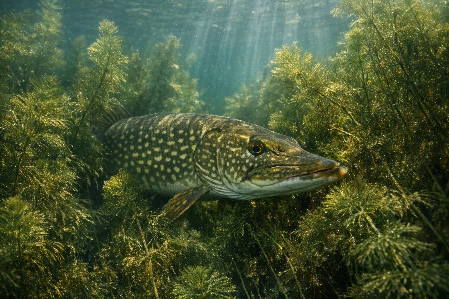 Großer Hecht versteckt sich zwischen Krautbetten in deutschem See