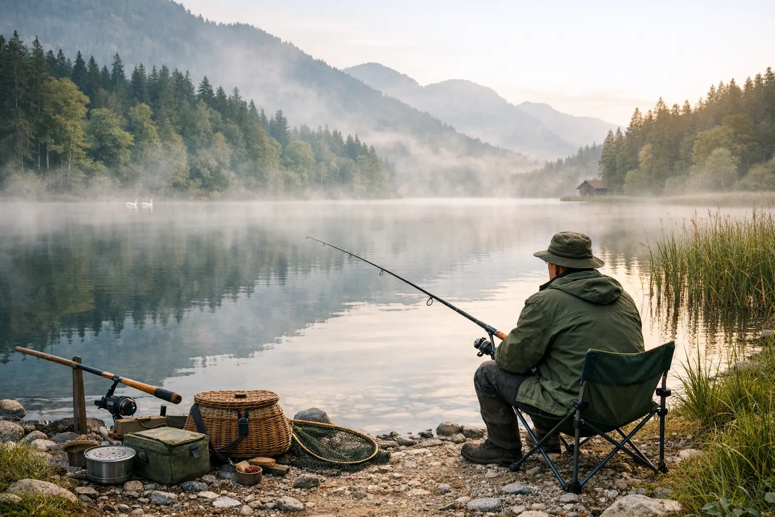 Angler praktiziert nachhaltiges Angeln an deutschem Seeufer mit Angelrute