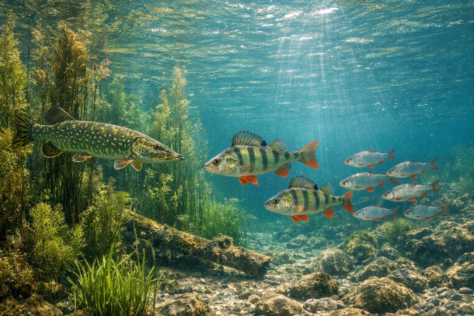 Fische in deutschen Seen schwimmen in klarem Wasser zwischen Wasserpflanzen
