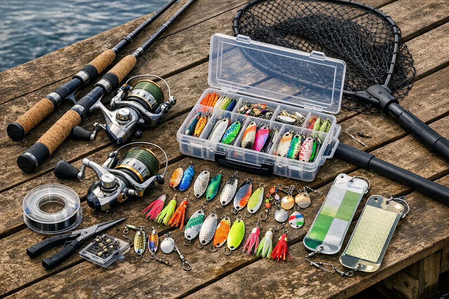 Lachs fischen Ausrüstung mit Angelruten, Rollen und Lachsködern