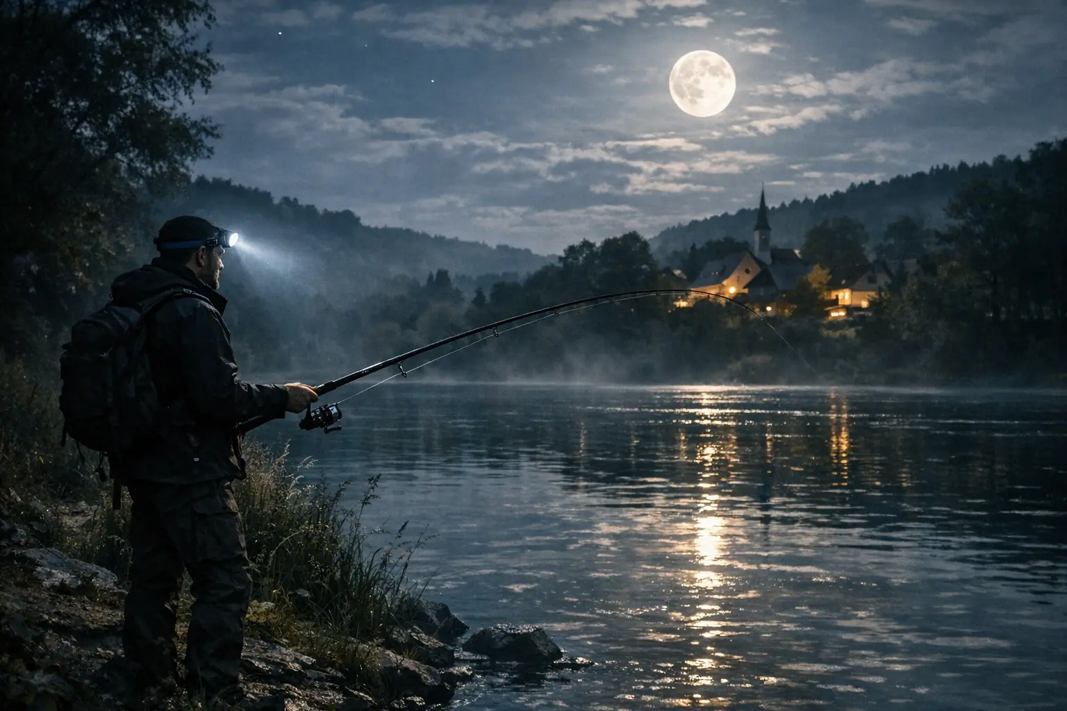 Angler mit Kopflampe beim nächtlichen Zander fischen am Flussufer