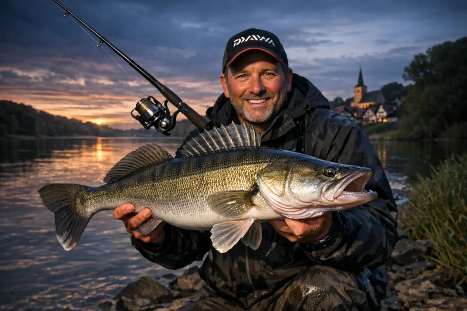 Angler hält großen Zander beim Zander fischen in der Abenddämmerung