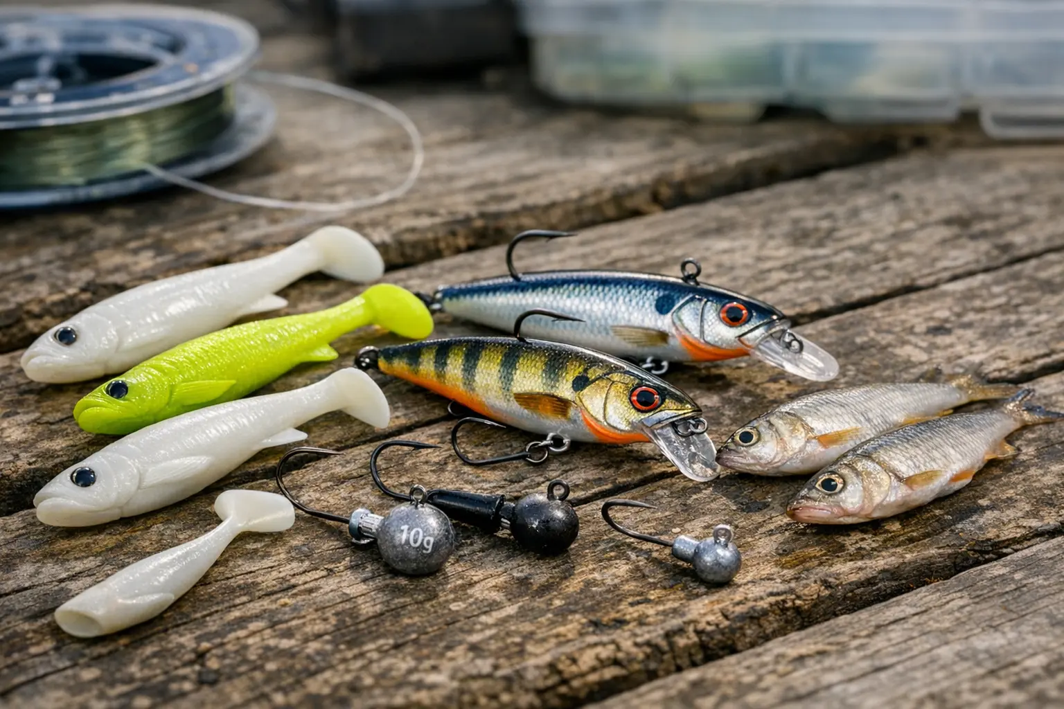 Zanderköder Auswahl mit Gummifischen Wobblern und Naturködern